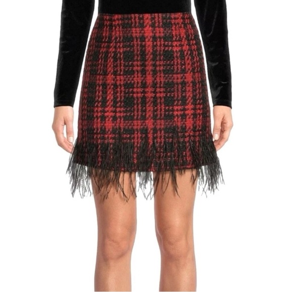 Antonio Melani Size 0 Dalia Tweed Mini Skirt Feather Fringe Hem Red Black NWT - Picture 2 of 16
